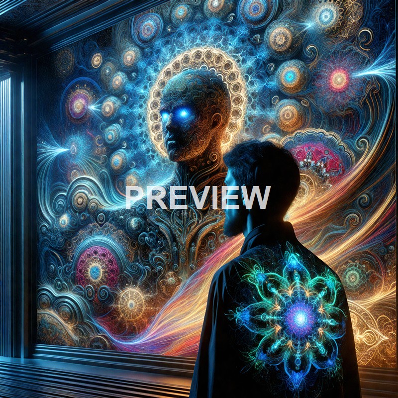 A person standing in front of a vibrant, intricate digital artwork featuring a glowing, abstract human face with luminous eyes surrounded by swirling, fractal-like patterns and cosmic elements.